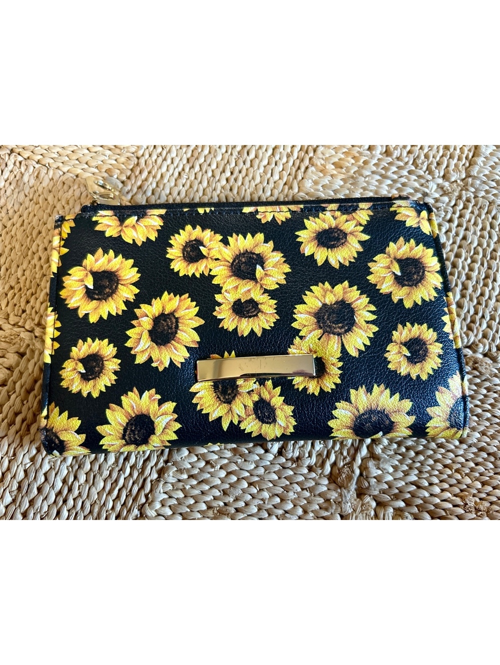 Black Wallet with Yellow Sunflower Print and Gold Accent